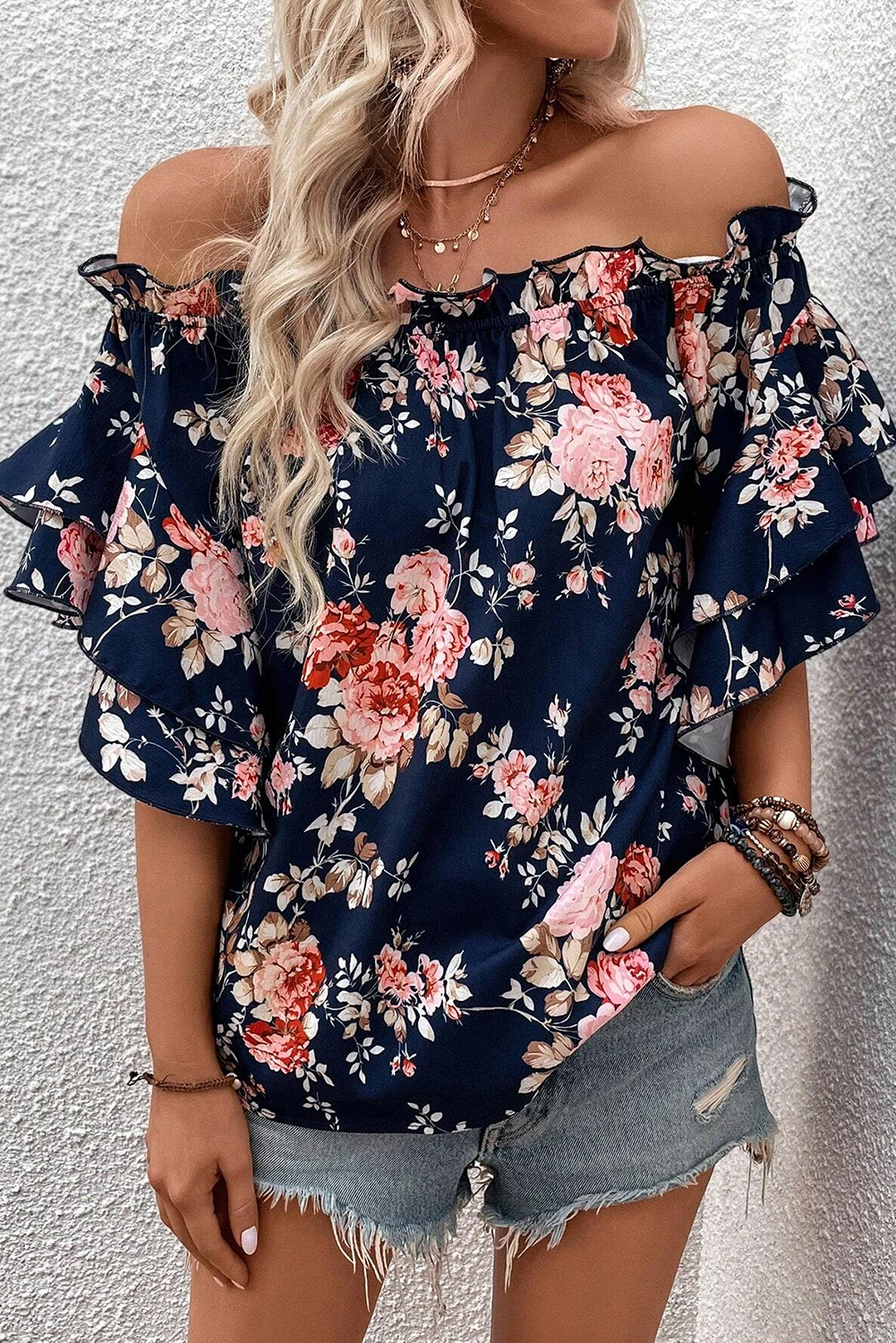 Ruffle Off Shoulder Flounce Sleeve Floral Blouse