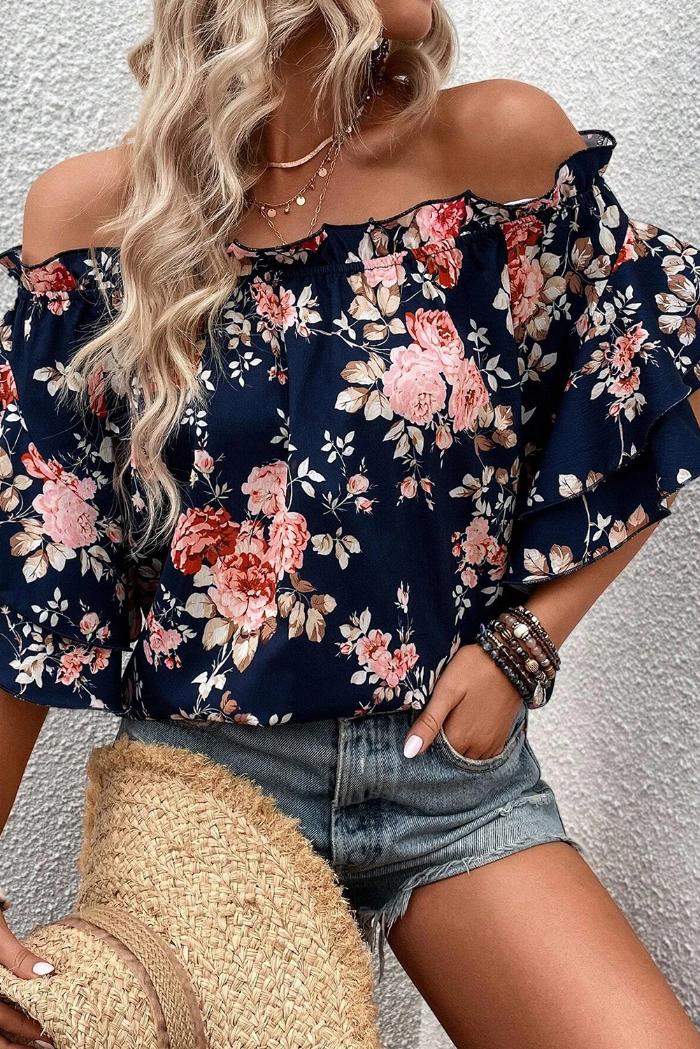 Ruffle Off Shoulder Flounce Sleeve Floral Blouse